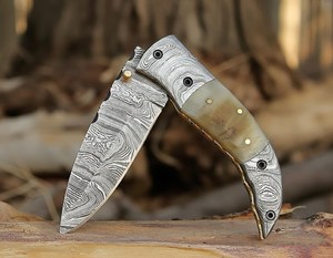 Cuchillo de bolsillo de acero de Damasco forjado a mano con punta de clip, cuchillo plegable con bloqueo Line Lock, mango de madera, OEM, ODM, personalizable, directo de fábrica - Product Image 5
