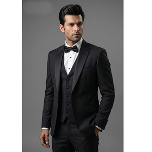 Traje de esmoquin negro con lentejuelas para hombre, estilo británico, corte regular, solapa con muescas, poliéster tejido antiencogimiento - Product Image 2