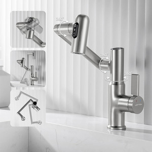 Robinet de salle de bain à affichage numérique en nickel brossé, mitigeur de lavabo pivotant à 1080° avec écran de température pour modernisation de lavabo - Product Image 1