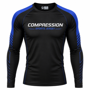 <b>Compression</b> Sports Jersey <b>Men</b> Long Sleeve Black Blue Crew Neck Fitted Moisture Wicking Quick Dry Polyester Full Sleeve - Product Image 1