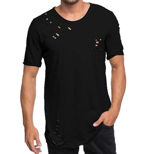 T-shirts décontractés pour hommes, coton délavé vintage, effet usé, détails déchirés, tissu doux et respirant, tenue d'été - Product Image 6