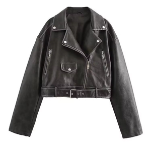 <b>Mens</b> <b>Brown</b> Genuine <b>Leather</b> Windproof Moto Jacket Turn-down Collar Zipper Closure <b>Belted</b> Short Fit Autumn Winter Wear Solid Color - Product Image 6