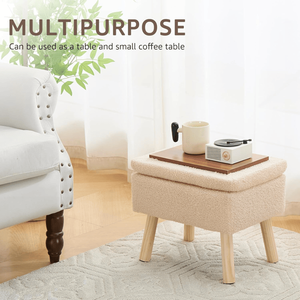 Pouf Contemporaneo Rettangolare con Rivestimento in Pile Teddy e Gambe in Legno Massello, Poggiapiedi Beige per Ingresso di Casa - Product Image 4