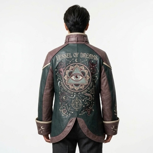 Veste en cuir pour homme de style japonais, col mandarin, design brodé Dream Eater, vêtements d'automne - Product Image 2