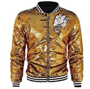 Men's <b>Sequin</b> Varsity <b>Jacket</b> <b>Black</b> Gold Reversible Zipper Streetwear Style Regular Fit Autumn Wear Turn-down Collar - Product Image 4