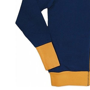Vêtements personnalisés pour hommes, pull en coton tricoté uni bleu marine et or, OEM ODM, hiver, décontracté, logo sur le devant - Product Image 4