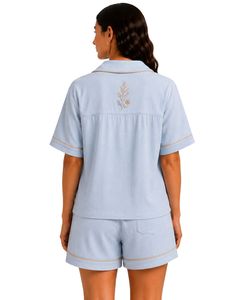 Conjunto de Pijama de Verano para Mujer, Color Azul Cielo, Personalizado, Manga Corta, con Botones, Ropa de Dormir Suave y Transpirable, con Ribete en Contraste - Product Image 2