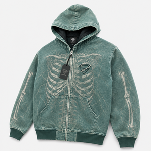 Mens Vintage Washed <b>Skeleton</b> Print Zip Up <b>Hoodie</b> Oversized Streetwear Graphic Hooded Sweatshirt Cotton Fleece Jacket - Product Image 1