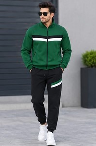 Men's Green Color Blocking <b>Track</b> <b>Jacket</b> Hooded Full Sleeve Sporty Streetwear Winter Wear Regular Fit Side Pockets Fleece 100% - Product Image 3