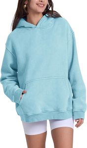 เสื้อสเวตเชิ้ตมีฮู้ดสีฟ้าอ่อนทรงโอเวอร์ไซส์สำหรับผู้หญิง ผ้าถักเนื้อฝ้ายสีพื้น มีกระเป๋าเสื้อ สวมใส่สบายๆ ในฤดูใบไม้ร่วง - Product Image 3