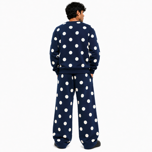Ensemble de survêtement 2 pièces pour homme à pois, bleu marine, sweat-shirt à col rond, pantalon ample en molleton, décontracté, streetwear, logo personnalisé, vente en gros - Product Image 2