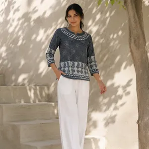 Women Cotton Kurta Round Neck Three Quarter Sleeve Printed Loose Fit Short <b>Kurti</b> Casual Ethnic Daily Wear <b>Indian</b> Summer Fashion - Product Image 1
