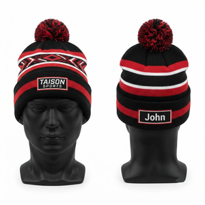 TAISON SPORTS Bonnet de hockey sur glace en laine 100% premium 250 GSM Noir Rouge Blanc Pompon Logo brodé 3D personnalisé Unisexe - Product Image 1