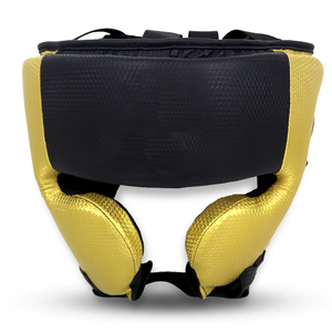 Casque de boxe en cuir synthétique texturé or et noir personnalisé pour l'entraînement de Muay Thai, protection pour le kickboxing et le sparring - Product Image 1