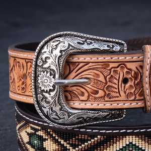 <b>Western</b> Embroidered Leather <b>Belt</b> With Floral Pattern And Silver Buckle Casual Cowboy Style Durable Handcrafted <b>Belt</b> - Product Image 2