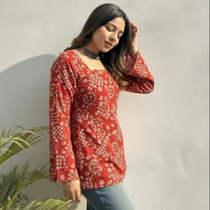 Women’s <b>Viscose</b> Printed Short Kurti Straight Fit Ethnic <b>Top</b> with Square Neck Bell Sleeve Casual Indian Kurta for Office - Product Image 3