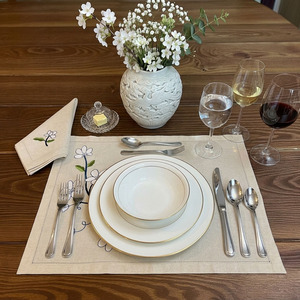 Custom Embroidered White Magnolia <b>Placemats</b> & Napkins Sets Washable Hemstitch Natural Linen Cotton Mats Weddings Home Events - Product Image 5