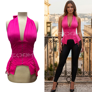 Hot Pink Halter Neck Spandex Overbust Steel Boned Corset Deep Plunge Waist Training Fashion Party Clubwear Corset Manufacturer - Product Image 1