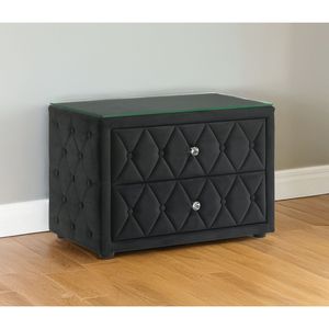 Comodino Elegante in Velluto con Design Trapuntato a Diamante, Piano in Vetro e Due Spaziosi Cassetti in Legno - Product Image 1