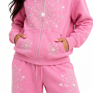Unisex 2PC <b>Tracksuit</b> Set Full Zip Hoodie Jogger Pants Spiderweb Rhinestone Graphic <b>Matching</b> <b>Couple</b> Streetwear Custom Logo OEM - Product Image 5