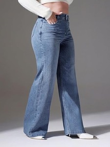 Ladies Women's <b>Boot</b> Cut Cotton Denim Jeans-Latest Collection New Arrivals Trending Vintage Style Eco-Friendly Knee-Length - Product Image 3