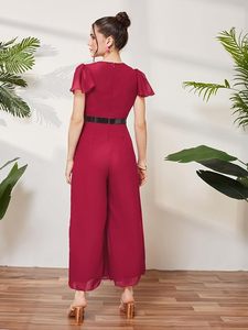 Combinaison élégante en mousseline pour femme, col en V, manches à volants, taille haute, ceinturée, mi-mollet, couleur unie, pour cocktail, printemps-été - Product Image 2