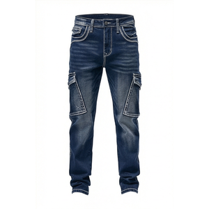 Pantalones Vaqueros Cargo de Mezclilla para Hombre, Corte Slim Fit, Lavado Oscuro, Algodón de Peso Medio, Estilo Casual Otoñal - Product Image 2