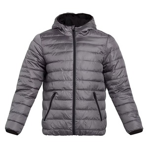 Men's Hooded Canvas Puffer Jacket Solid Gray Polyester Windproof Casual Winter <b>Coat</b> with Zipper Closure and Front Pockets - Product Image 1