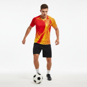 Conjunto de Uniforme de Fútbol Personalizado, Transpirable, Camiseta Roja y Amarilla, Pantalones Cortos Negros, Equipación de Fútbol Sublimada para Hombre, Ropa Deportiva de Entrenamiento en Equipo - Product Image 2