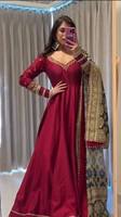 Robe Anarkali traditionnelle en mousseline rouge avec dupatta en organza doux, imprimé numérique, robe de fête indienne pakistanaise pour femmes, mariage, Diwali