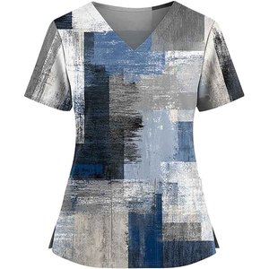 Women's Printed Floral <b>Scrub</b> <b>Top</b> Short Sleeve V-Neck Polyester Woven Hospital Uniform Blouse - Product Image 3