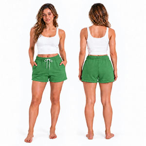 <b>Women</b> Solid Green Cotton <b>Shorts</b> Mid <b>Waist</b> <b>Elastic</b> Regular Fit Casual Knitted Breathable - Product Image 1