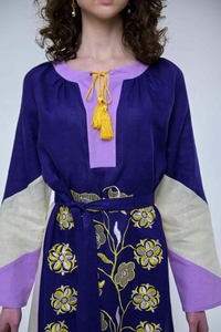 Women <b>Boho</b> Cotton Embroidered Maxi <b>Dress</b> Purple Floral Long Sleeve Tie Waist Ethnic Kaftan Loose Fit <b>Summer</b> <b>Dress</b> - Product Image 4