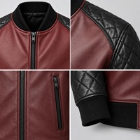 Blouson aviateur en cuir bordeaux premium pour homme avec manches matelassées contrastantes noires et bordures en tricot côtelé