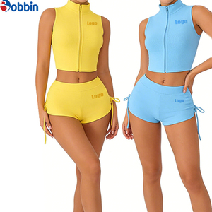 Conjunto de 2 Piezas de Chaqueta Corta y Pantalones Cortos Deportivos Casuales de Moda Hip Hop, Ajustados, de Spandex/Poliéster, con Cierre, para Mujer, Verano - Product Image 1