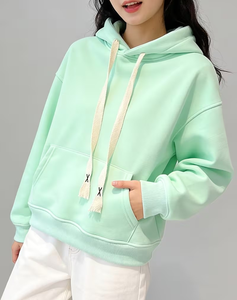 Women's Light Blue Eco-Friendly Fleece Hooded Sweatshirt Solid Color Polyester/Cotton Blend Knitted Casual Pullover Front Pocket - Product Image 5