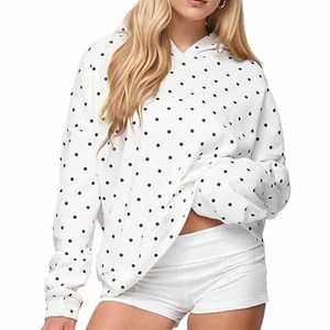 Haut décontracté en molleton de coton à pois marron pour femme, coupe oversize à épaules tombantes, style streetwear, vente en gros - Product Image 3