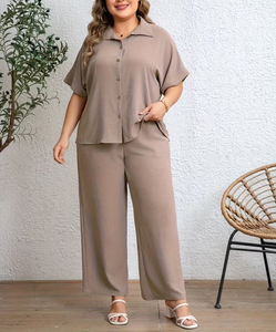 Women 2-Piece Set Solid Color Short Sleeve Top With Button Front Loose Fit Wide Leg Pants Casual Spring Summer Wear - Product Image 3