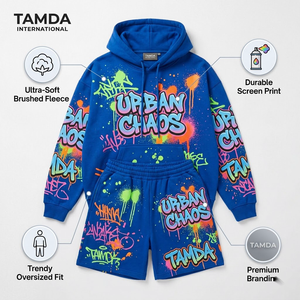 Ensemble survêtement avec sweat-shirt oversize et short de jogging |   Ensemble de survêtement en molleton personnalisé 2 pièces avec capuche - Product Image 5