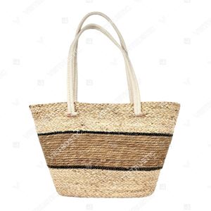 SAVANNAH Two-Tone Striped <b>Straw</b> Zipper Closure Cotton Lining Market Tote <b>Bag</b> - Product Image 2