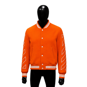 PREMIUM ORANGE VARSITY <b>JACKET</b> FOR <b>MEN</b> With <b>White</b> Geometric Pattern On Sleeves Turn-down Collar Casual Style STYLISH DAILY WEAR - Product Image 1