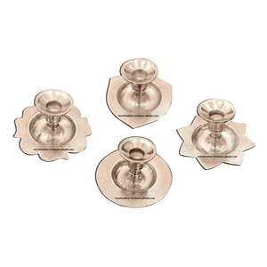 Cast Aluminum Chamberstick Set Silver Geometric Base Taper <b>Candle</b> <b>Sconces</b> Altar Ritual Dripless Wax Trays Exporter India - Product Image 3