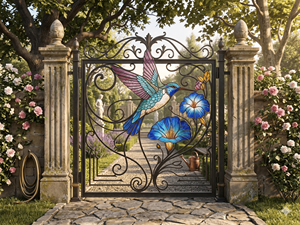 Wrought Iron Garden Gate Cat Rose Design Rustic Exterior Metal Entry Door Manual <b>Swing</b> Style Finished Surface Anti-theft - Product Image 3