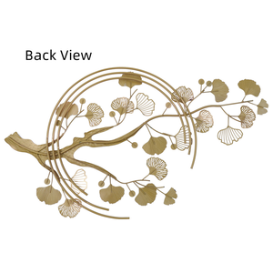 Sculpture murale en métal en forme de branche d'arbre, feuille de Ginkgo, œuvre d'art botanique avec accents floraux bleus et dorés pour la décoration moderne de la maison - Product Image 4
