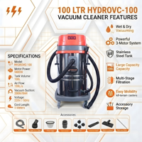 HYDROPLUS INTERNATIONAL HYDROVC100 100L 5400W Aspirateur industriel/commercial haute puissance 200MBAR pour nettoyage extérieur électronique de poussière et d'eau