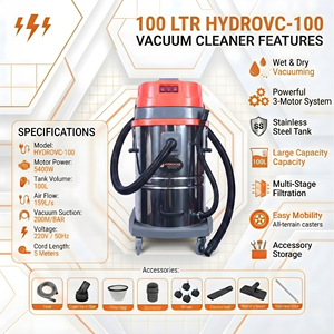 HYDROPLUS INTERNATIONAL HYDROVC100 100L 5400W Aspiradora Electrónica de Alta Succión 200MBAR para Limpieza de Exteriores, Autos, Sofás y Cortinas - Product Image 2