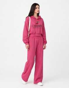 Conjunto de Sudadera con Capucha y Pantalones 2 en 1 de Forro Polar Rosa para Mujer ONETEN, Estampado de Letras de Cereza, Chándal Informal Holgado para Otoño - Product Image 2