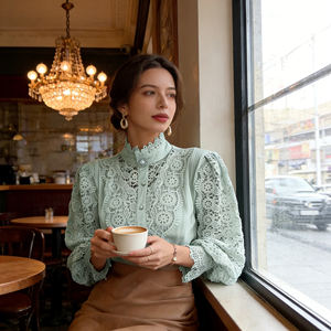 Oferta especial en Temu |   Blusa Retro con Cuello Mao y Encaje para Mujer, Camisa Casual Elegante con Mangas Abullonadas y Diseño Calado para el Día a Día - Product Image 2