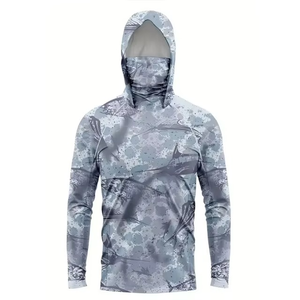 เสื้อฮู้ดดี้ตกปลาผู้ชาย UPF 50 แขนยาว พิมพ์ลายแบบ Sublimation ป้องกันรังสียูวี เสื้อเชิ้ตสำหรับกิจกรรมกลางแจ้ง สีเทา ลายพราง แบบสวมหัว - Product Image 1
