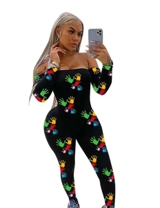 Mono largo negro de mujer con hombros descubiertos, estampado a mano colorido, cintura alta, ajuste ceñido, para discoteca, largo completo - Product Image 2